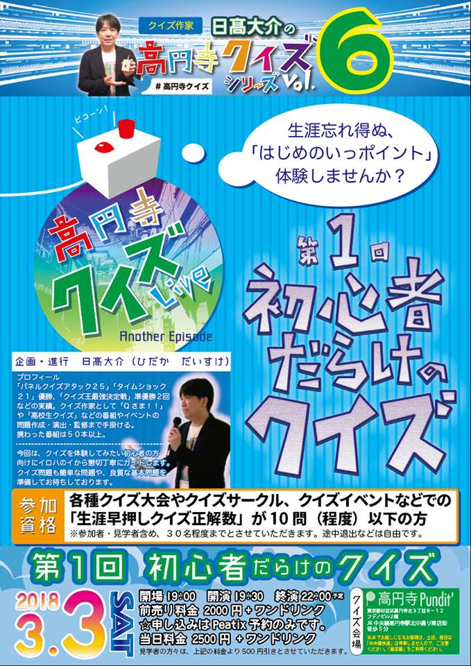 3月3日(土)高円寺クイズシリーズvol.6 〜第1回 初心者だらけの早押しクイズ