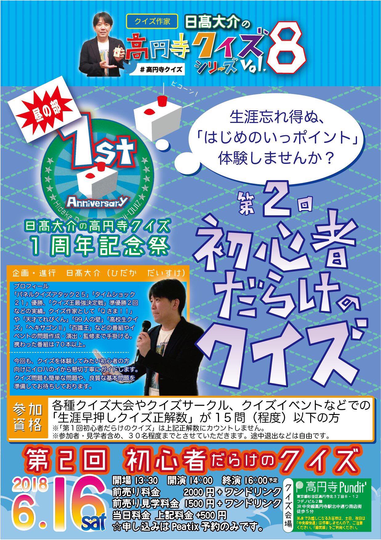 6月16日(土)高円寺クイズシリーズvol.8 第2回 初心者だらけの早押しクイズ<昼の部:クイズ参加予約フォーム>